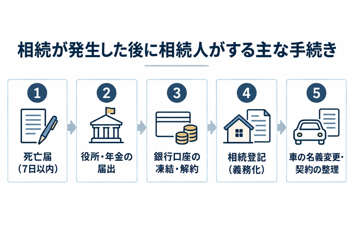 相続発生後に相続人が行う主な手続きの流れ。死亡届(7日以内)、役所・年金の届出、銀行口座の凍結・解約、相続登記(義務化)、車の名義変更・契約の整理の5段階