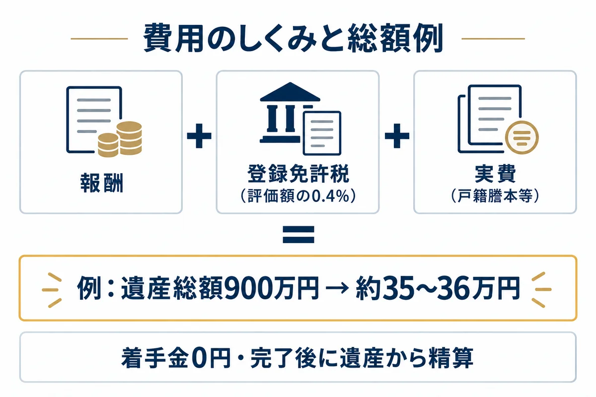 相続手続きまるごと代行の費用は報酬+登録免許税+実費で、遺産総額900万円の例では約35〜36万円。着手金は不要で完了後に遺産から精算