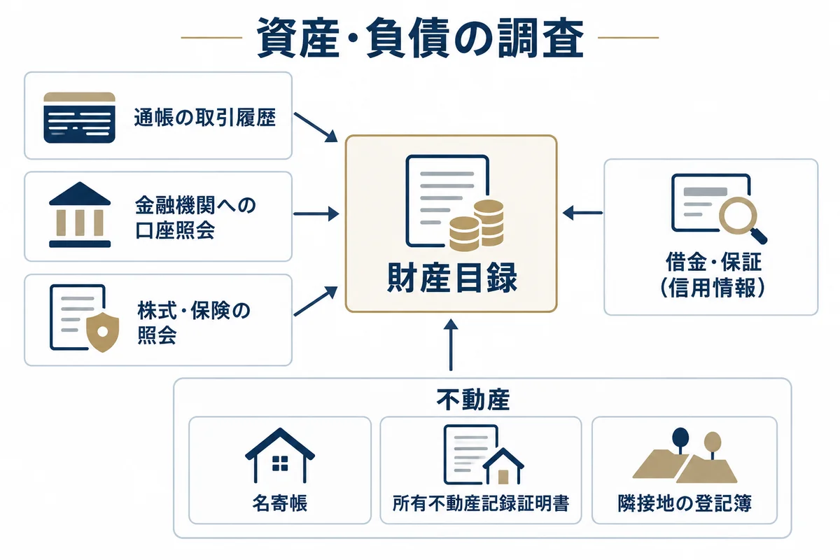 資産・負債の調査で確認する項目。通帳の取引履歴、金融機関への口座照会、株式・保険の照会、信用情報による借金・保証を調べ、不動産は名寄帳・所有不動産記録証明書・隣接地の登記簿で確認して、財産目録にまとめる